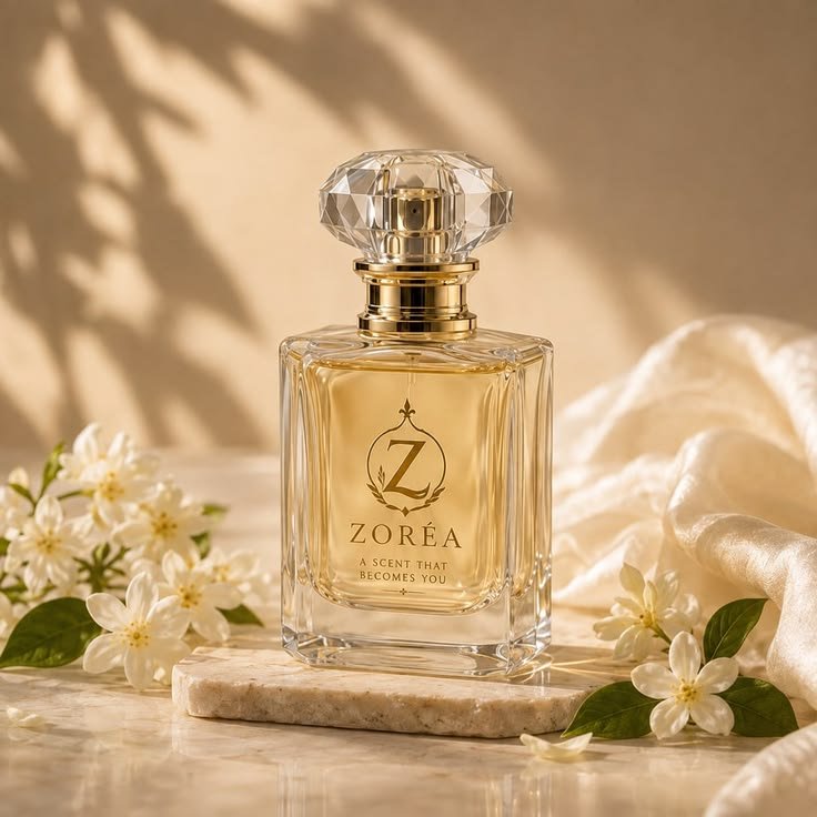 Parfum femme Zoréa, flacon doré entouré de fleurs de jasmin