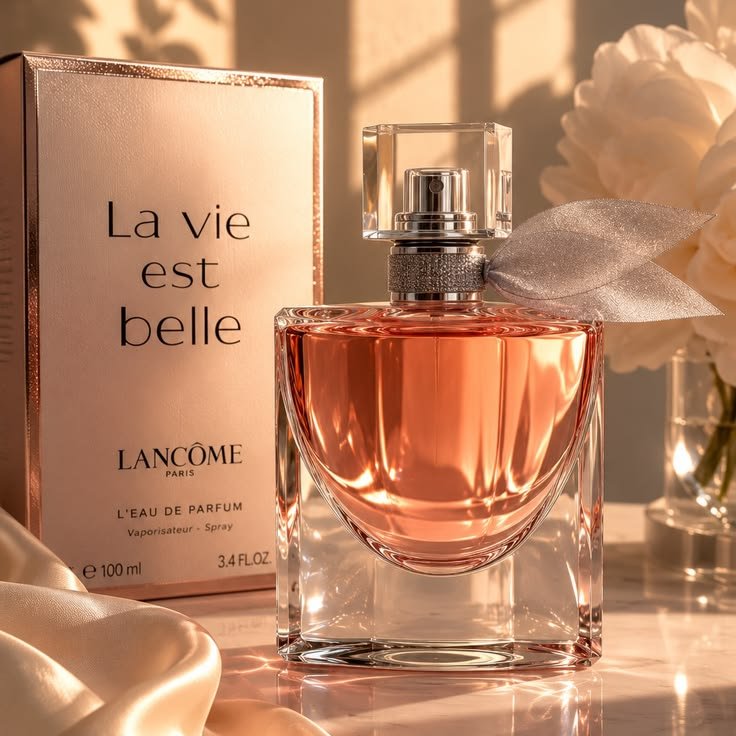 Parfum femme La vie est belle, flacon rosé et sa boîte