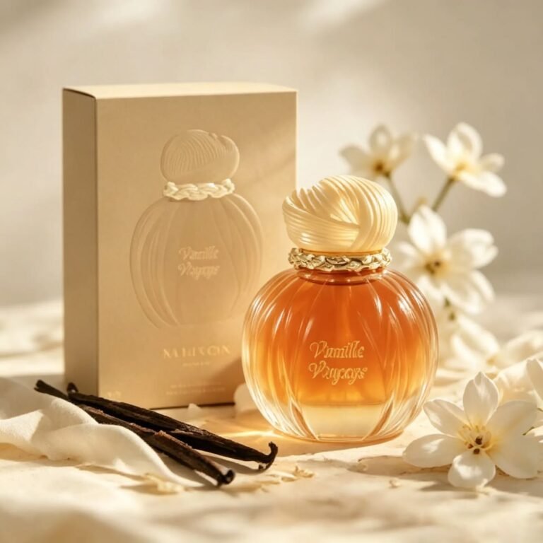 Parfum à la vanille, flacon ambré avec gousses de vanille et fleurs blanches
