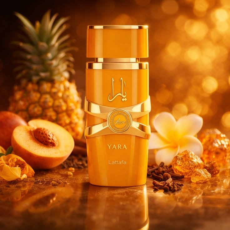 Parfum Yara, flacon orange et doré, notes fruitées et vanillées